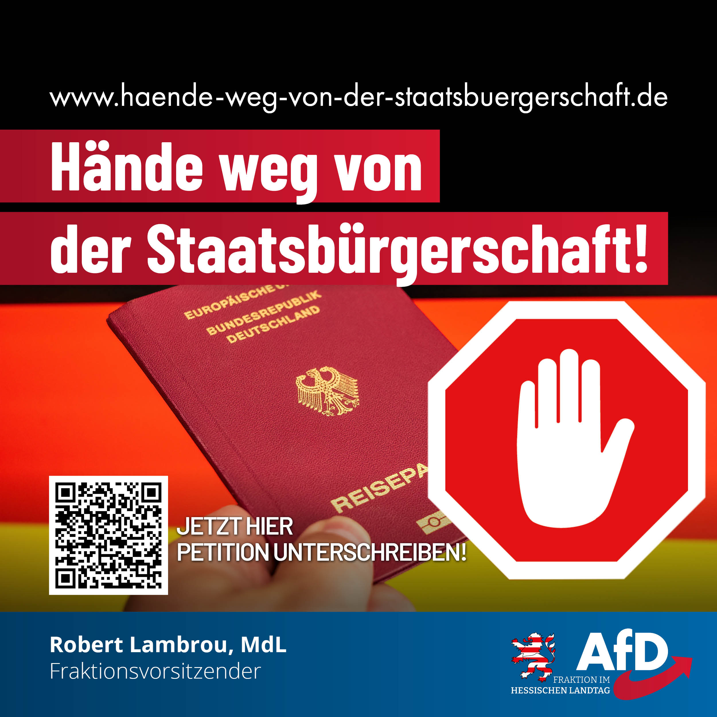 Read more about the article Gemeinsame Kampagne der AfD-Fraktionen in den Landtagen: HÄNDE WEG VON DER STAATSBÜRGERSCHAFT!